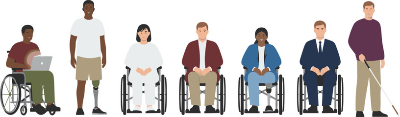 Obraz premium Diverse group of people with disabilities featuring wheelchair users prosthetic limbs and visually impaired man with white cane for inclusive design flat vector