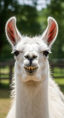 Fototapeta premium A captivating close-up portrait of a white llama, showcasing its fluffy coat, prominent ears, and a curious expression in an outdoor setting