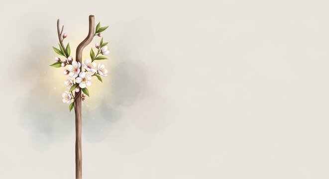 Aaron's Staff with Budding Blossoms: A Symbol of Growth and Renewal in Nature, Showcasing the Beauty of Springtime Flora and the Essence of Life's Journey, watercolor