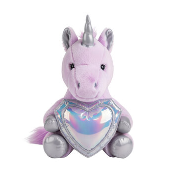 Purple stuffed unicorn holding heart