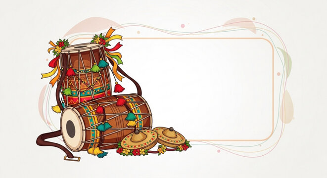 Traditional indian drums and cymbals with colorful decorations on a light background for cultural or festive designs