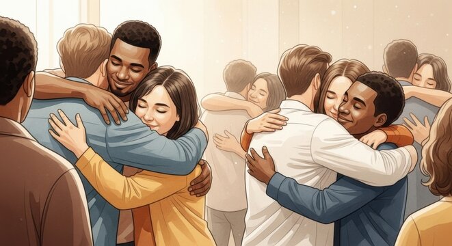Heartfelt Embrace Among Community Members Celebrating Together in a Gospel Gathering, watercolor