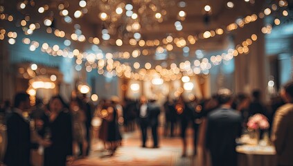 Fototapeta premium A blurry, dimly lit formal gathering with numerous people and bokeh lights