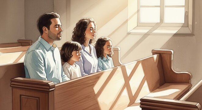 Family Engaged in Worship Together in a Serene Setting, Experiencing Reflection and Spiritual Connection in a Church Environment, watercolor
