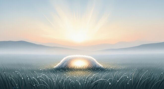 A Serene Dawn Illuminates Gideon&rsquo;s Fleece, Symbolizing Divine Assurance Amidst the Tranquil Landscape of Nature's Beauty, watercolor