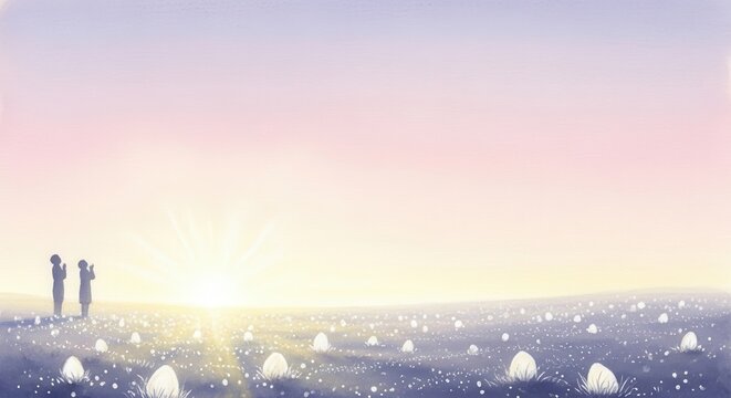 Divine Provision: A Serene Scene of God Providing Manna to Humanity Amidst a Tranquil Landscape at Dawn, watercolor