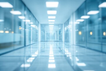 Fototapeta premium Modern, brightly lit, reflective hallway with glass walls and ceiling lights