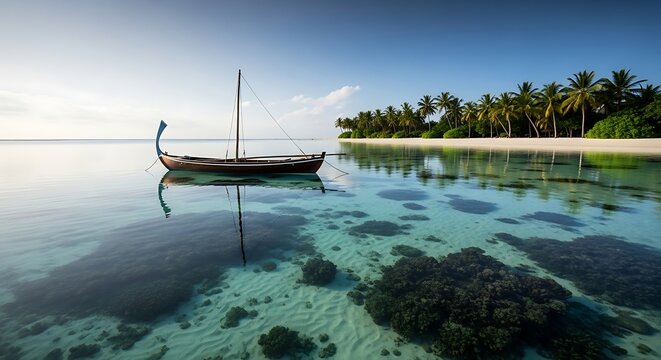 Traditional Maldivian Dhoni Boat Anchored in Crystal Clear Turquoise Waters Near a Tropical Island.