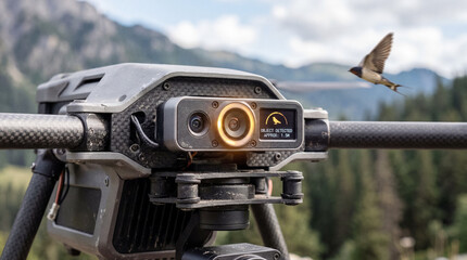 Obraz premium Collision avoidance sensor on drone detecting bird