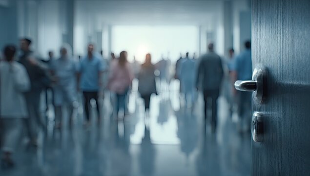 Blurred view of an open door reveals a busy, sunlit hospital corridor ahead