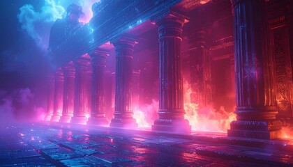 Naklejka premium A digital rendering depicts an ancient colonnade bathed in vibrant neon hues. Fire and ethereal clouds add depth
