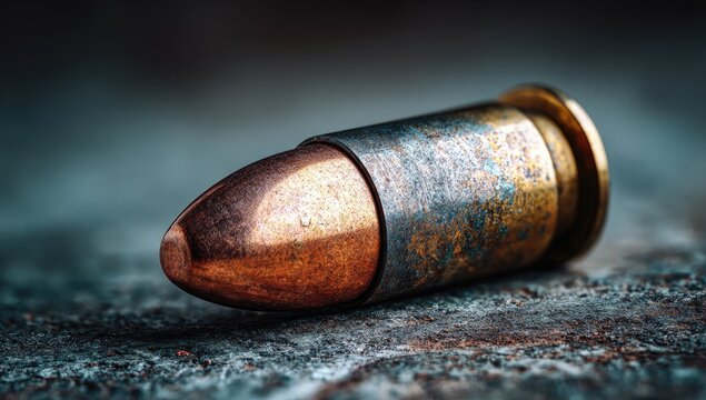 Close-up of aged bullet casing with copper projectile on textured background