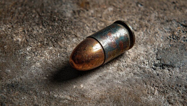 Close-up of a single, aged metal bullet casing resting on a textured, rocky surface