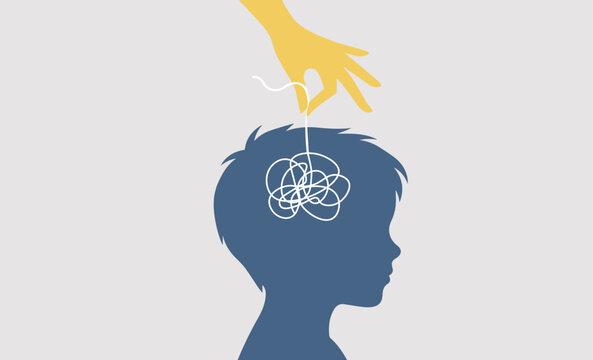 Hand untangling complex thoughts in child's mind