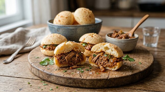 Mini Brazilian cheese bread (p&atilde;o de queijo) sandwiches stuffed with shredded braised pork shoulder (pernil) on a wooden board.
