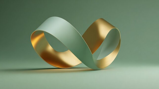 Shimmering gold and silver metallic abstract geometric shapes form a M&ouml;bius strip, elegantly suspended above a soft matte sage green background.