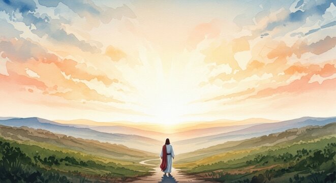 Jesus Walking Slowly Towards the Horizon at Sunrise, Symbolizing Peace, Hope, and Spiritual Journey Through Serene Landscapes, watercolor
