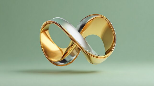 Shimmering gold and silver metallic abstract geometric shapes form a M&ouml;bius strip, elegantly suspended above a soft matte sage green background.