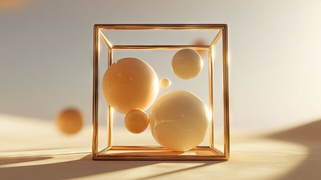 Golden skeletal cube suspends several spherical objects in soft light