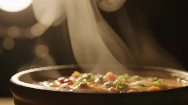 Steaming bowl of hearty, delicious soup, perfect for a cozy meal on a chilly evening