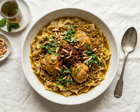 Moroccan Rfissa Chicken Lentil Fenugreek Stew with Saffron Broth over Shredded Msemen Flatbread Caramelized Onion and Coriander in White Bowl White Background