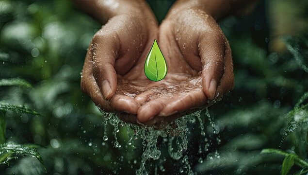 Cupped hands hold a falling water droplet symbol in lush green foliage