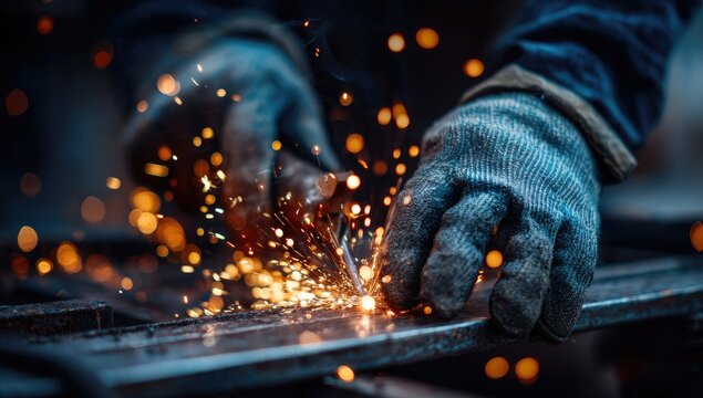Close-up of gloved hands performing a welding process, creating sparks