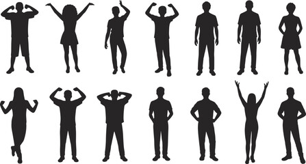 people standing and celebration silhouettes set, men and women posing with raised arms confident body language vector illustration © Nur
