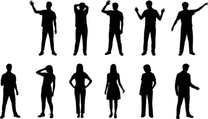 people silhouettes, men and women standing, waving greeting gestures, casual human figures, male female characters vector illustration set © Nur