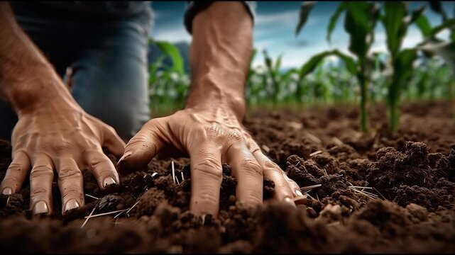 Close-up of farmer's hands working in rich soil during crop planting season in a green agricultural field