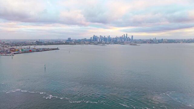 Melbourne skyline across Port Phillip Bay aerial