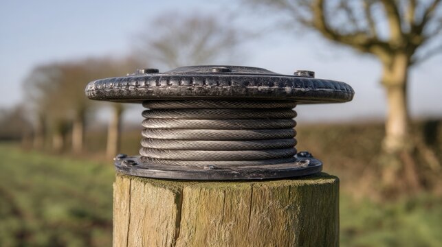 Telecommunication line isolator with coiled wire on a wooden pole outdoors