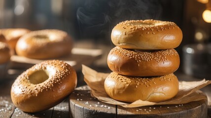 Delicious sesame seed bagels stacked on wooden board with steaming hot freshly baked