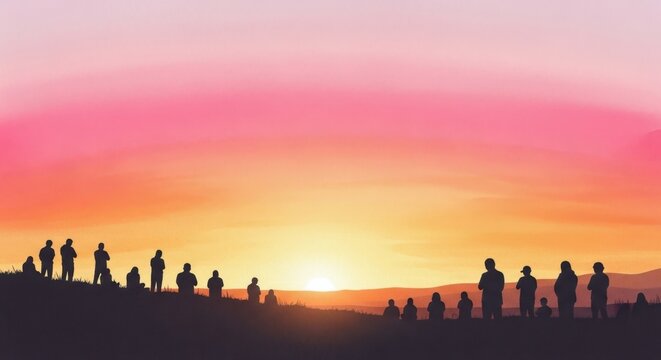 Silhouetted Figures Gather at Sunrise, Embracing the Beauty of a New Day with Vibrant Colors in the Sky, watercolor, religion moment, copy space