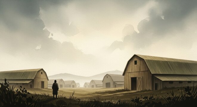 The Parable of the Rich: A Reflective Journey Through a Serene Landscape of Abandoned Barns, Symbolizing Wealth and Isolation Amidst Nature's Calm, watercolor