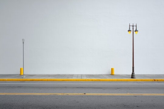 Stark wall, road, and streetlights under bright light