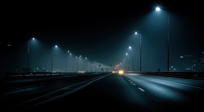 Foggy night highway with glowing streetlights illuminating a dark, empty road