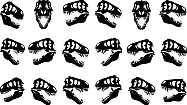Set of dinosaur skull silhouettes, T rex fossil heads collection, prehistoric skeleton icons, flat vector illustration isolated on white background