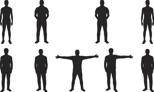 set of male human silhouettes in various standing poses, body shape reference collection for character design, anatomy study, flat vector illustration
