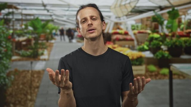Man pinches fingers by a flower stall on street, long hair tied back, visible hands and open palms, gesturing while speaking and offering blooms; persuasion sales.