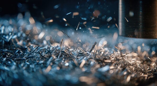 Close-up of metal shavings created by industrial machining processes
