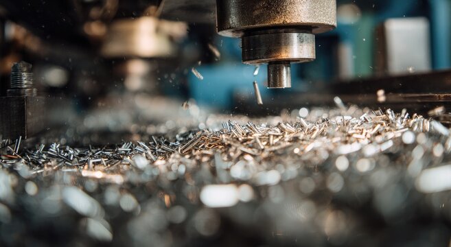 Close-up of metal shavings being produced by industrial machinery in operation