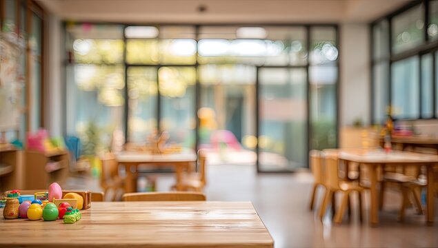 Bright, unfocused classroom with small wooden tables and chairs, toys