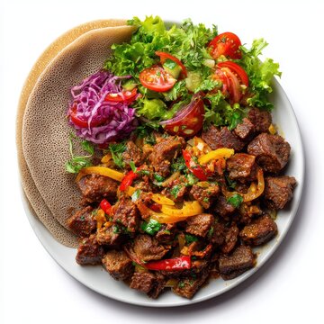 Tibs Ethiopia food plate isolated on a white background