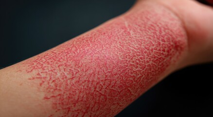 Fototapeta premium Close-up of dry, cracked, red skin on a human wrist, detailed texture
