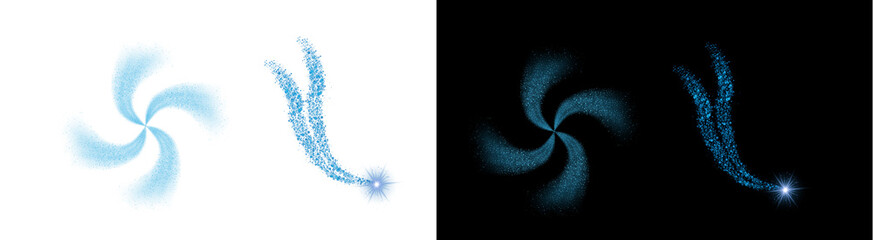 PNG image of Two enchanting abstract light blue glitter particle trails, one spiraling and one a luminous starry comet effect, on transparent background. © MariaAlam
