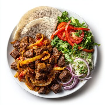Tibs Ethiopia food plate isolated on a white background