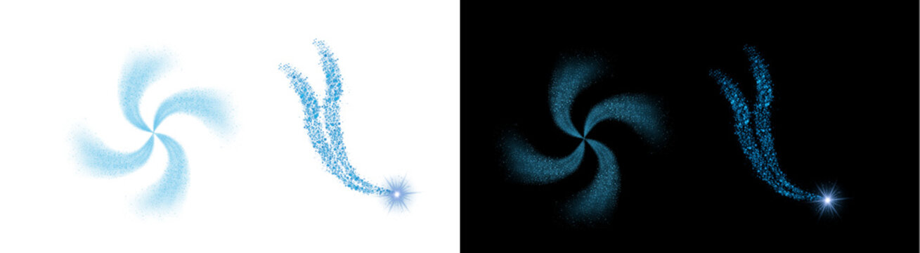 PNG image of&nbsp;Two enchanting abstract light blue glitter particle trails, one spiraling and one a luminous starry comet effect, on transparent background.