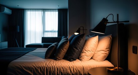 Obraz premium Cozy hotel bedroom with pillows and lamp.