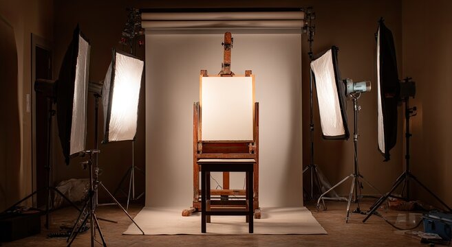 Studio setup with easel, blank canvas, chair, and lighting equipment